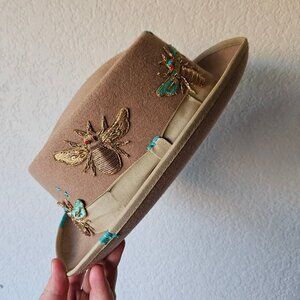 Vintage Tan A. Adams & Spire Hat with OOAK Hand Embroidery Bees Bugs L 7 1/2